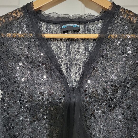 Till The End Black Sheer Sequin Embellished Short Sleeve Tie Front Bolero Shrug - Picture 4 of 12